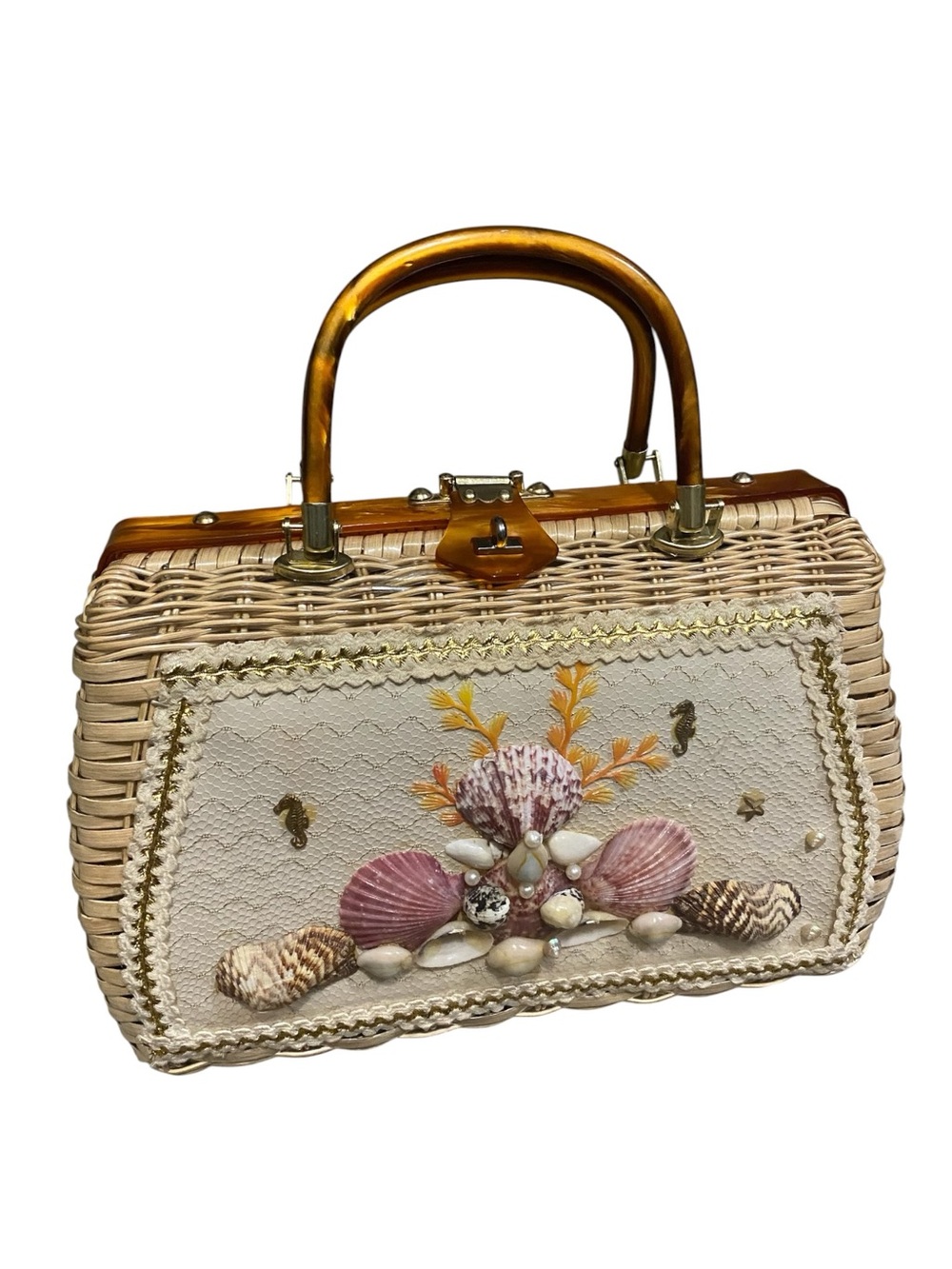 Vintage 50s 60s Woven Wicker Seashells Handbag Coastal Grandmillenial MCM